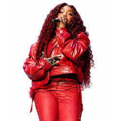 SZA Super Bowl 2025 Halftime Show Red Leather Two Piece Outfit