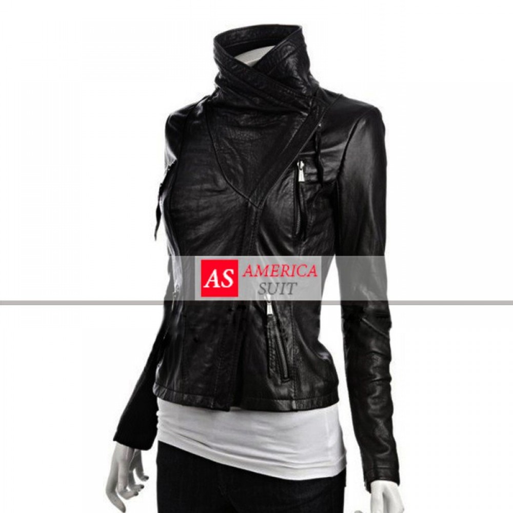 Women Asymmetrical Black Leather Jacket, image size:1000x1000