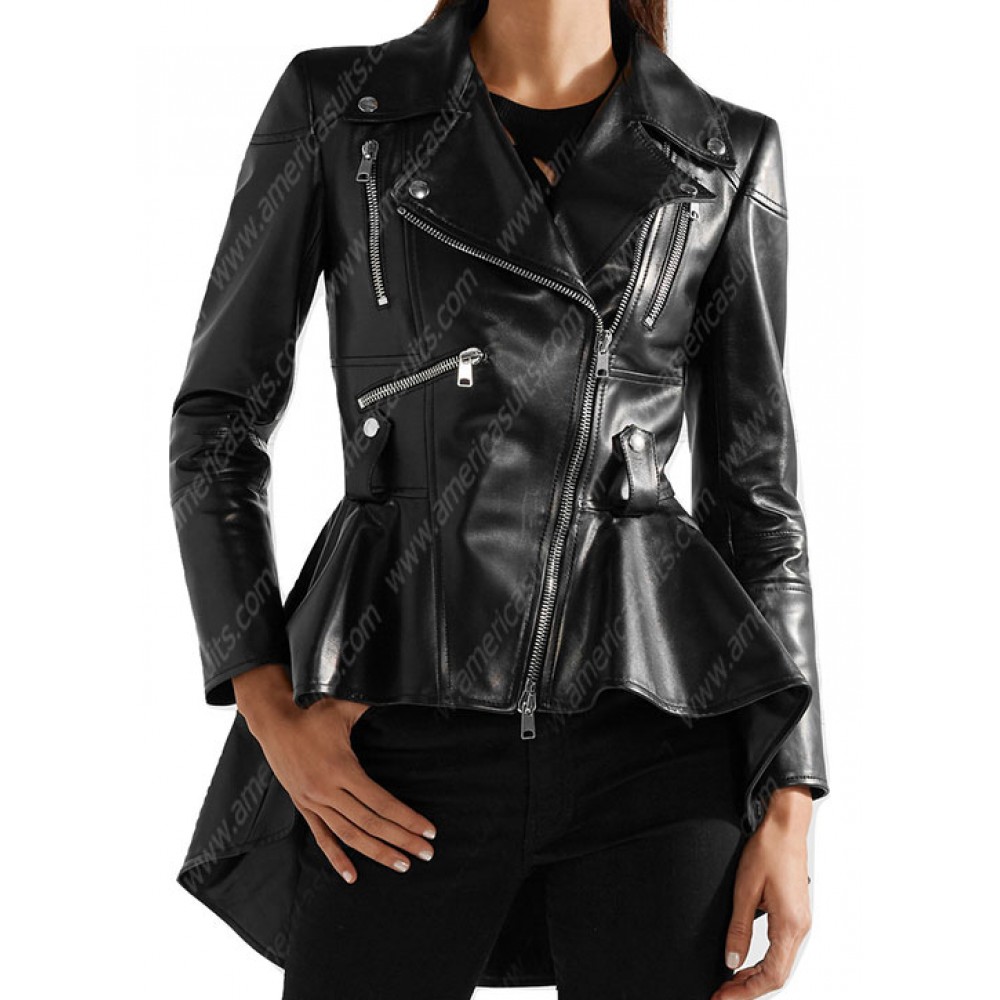 Women Asymmetrical Zipper Black Leather Jacket