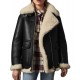 Womens-Jacket Black-Leather-Ivory-Shearling-Aviator-Style-