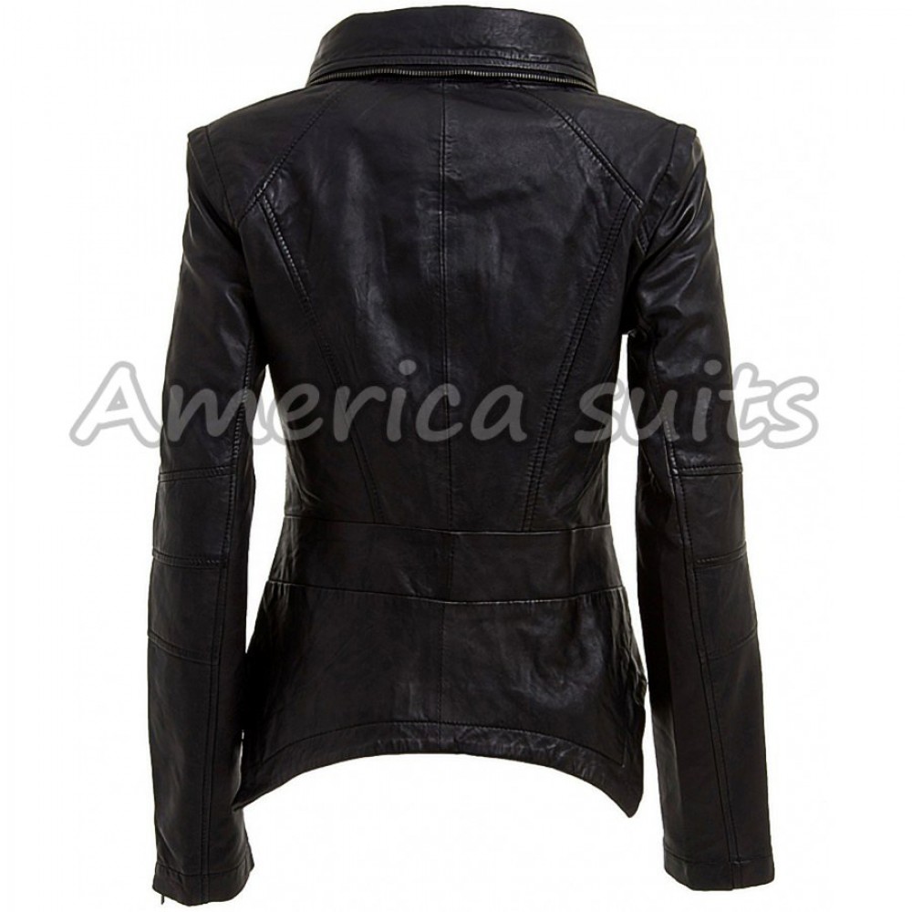 Women Black Leather Biker Jacket | America Suits