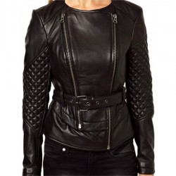 Women Double Zipper Quilted Leather Jacket