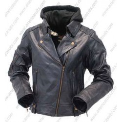 Women Black Motorcycle Jacket With Hoodie