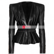 Women Black Peplum Balmain Leather Jacket
