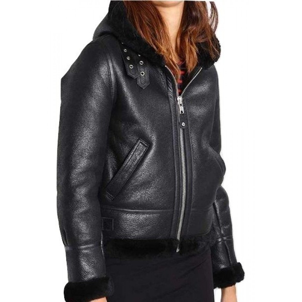 Women Black Shearling Leather Hooded Jacket | americasuits.com