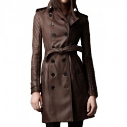 Women Mid Length Double Breasted leather Trench Coat
