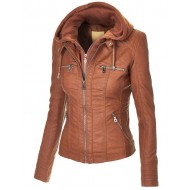 Women Brown Hooded Leather Jacket