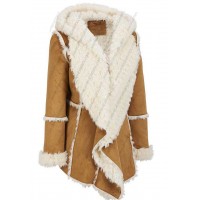 Women Brown Suede Fur Overcoat Hood