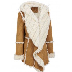 Women Brown Suede Fur Overcoat Hood