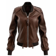 Women Chocolate Brown Leather Bomber Jacket