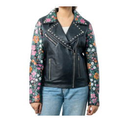 Women Floral Sleeve Black Leather Biker Jacket