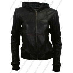 Women Hoodie Style Black Leather Jacket
