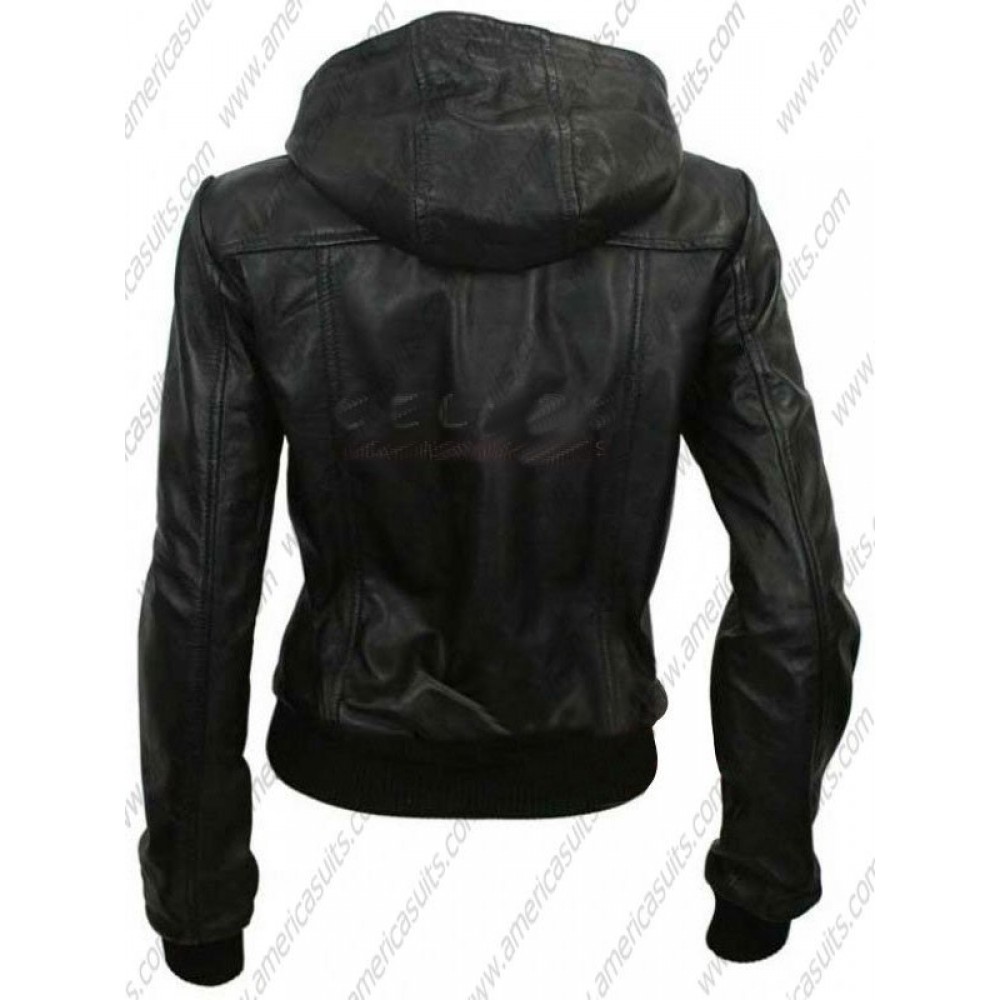 Women Hoodie Style Black Leather Jacket