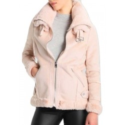 Women Pink Leather Shearling Jacket