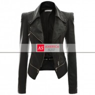 Women Power Shoulder Black Leather Jacket