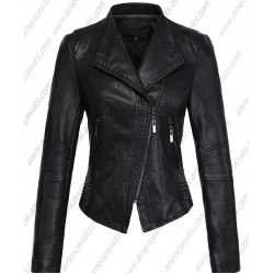 Womens Casual Collarless Perfect Fit Cropped Biker Pu Leather Jacket