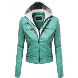 Women's Faux Leather Detachable Hood Biker Bomber Jacket