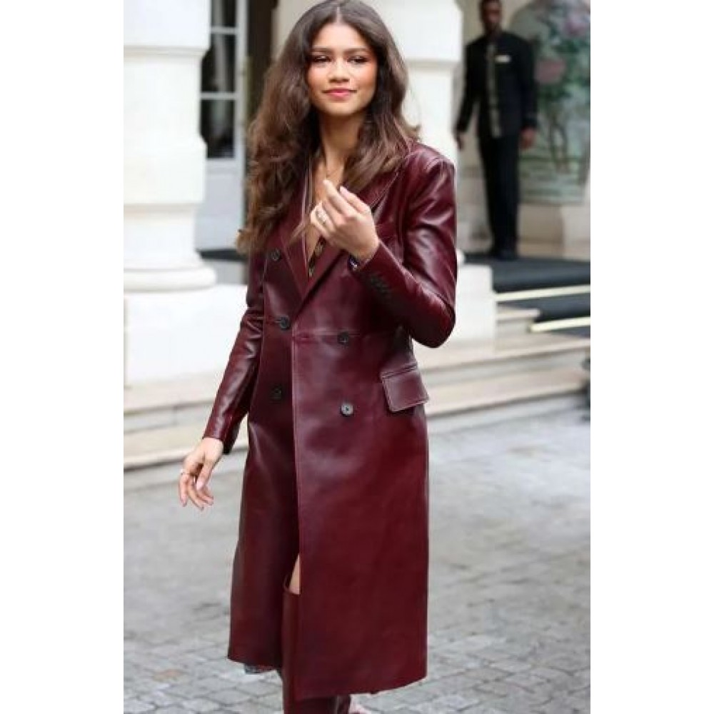 Zendaya Burgundy Leather Coat