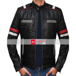 Richmond Premium Black Red and White Striped Men Retro Racing Leather Jacket