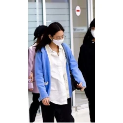 Blackpink Jennie Blue Low V Neck Varsity Style Cardigan