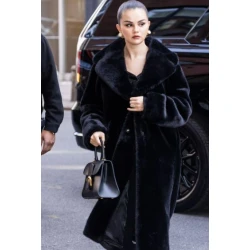 Selena Gomez Black Fur Coat