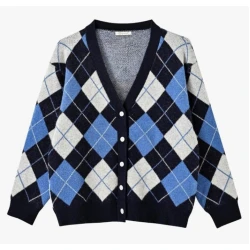 Women’s Navy Blue, Sky Blue and White Argyle Knit Cardigan – V-Neck Button-Up Sweater