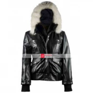 Bomber Womens Fur Black Leather Hooded Jacket