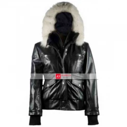 Bomber Womens Fur Black Leather Hooded Jacket