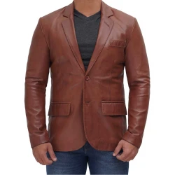Tan Notch Lapel Two Button Leather Blazer 