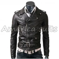 Slim Fit Belted Rider Black Jacket