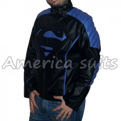 Superman Leather Jacket Black Embossed With Blue Stripes