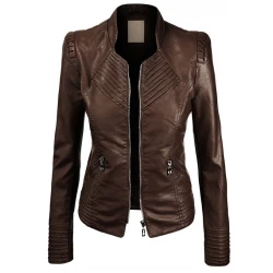 Brown Quilted Leather Jacket For Women