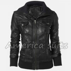 Double Collar Black Leather Bomber Women Leather Jacket