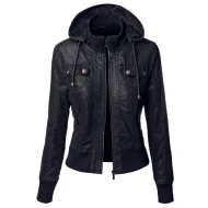 Double Collar Women Black Leather Jacket