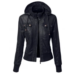 Double Collar Women Black Leather Jacket