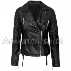 Ladies Imitation Quilted Black leather Biker Jacket