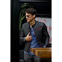 Men Quilted Leather Jacket Red Zipper