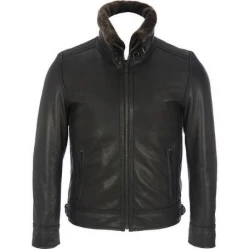 Men,s Leather Mens Bomber Leather Jacket Detachable Faux-Fur Collar