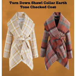 Turn Down Shawl Collar Earth Tone Checked Coat