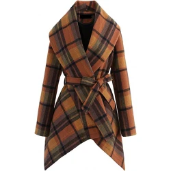 Turn Down Shawl Collar Earth Tone Checkered Coat