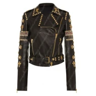 Black And Golden Embroidered Leather Jacket