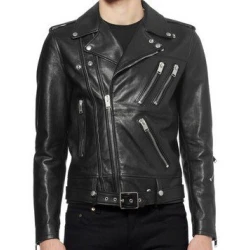 Smooth Black Belted MotorBike Black Leather Jacket