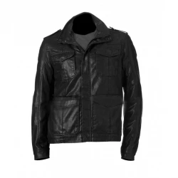 Black Faux Leather Mens Military Jacket