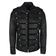 Men Military Style Black Leather Jacket