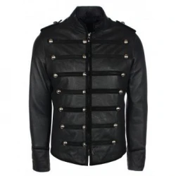 Men Military Style Black Leather Jacket