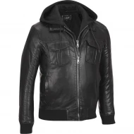 Black Rivet Bomber Jacket W/ Removable Hood & Knit Trim