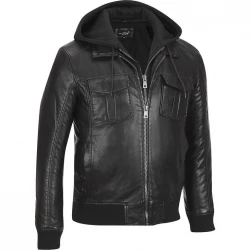 Black Rivet Bomber Jacket W/ Removable Hood & Knit Trim