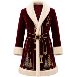 Burgundy Velvet Christmas Coat – Reindeer Embroidered Faux Fur Trim