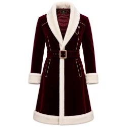 Burgundy Velvet Christmas Long Coat – White Faux Fur Trim Belted Coat