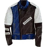 Cafe Racer Studded Blue Leather Jacket